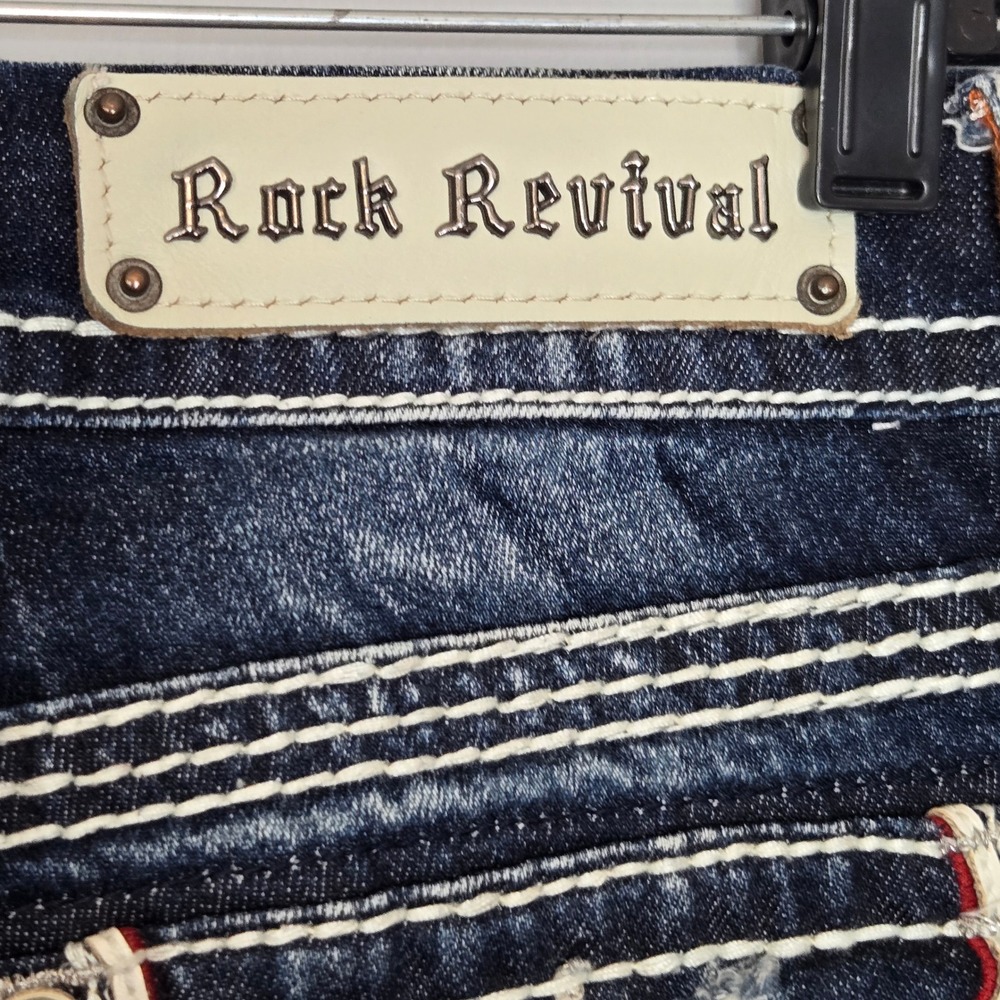Rock Revival Womens Noelle‎ Capri distressed Jeans Dark Wash Embellished Sz 25 - Picture 10 of 14